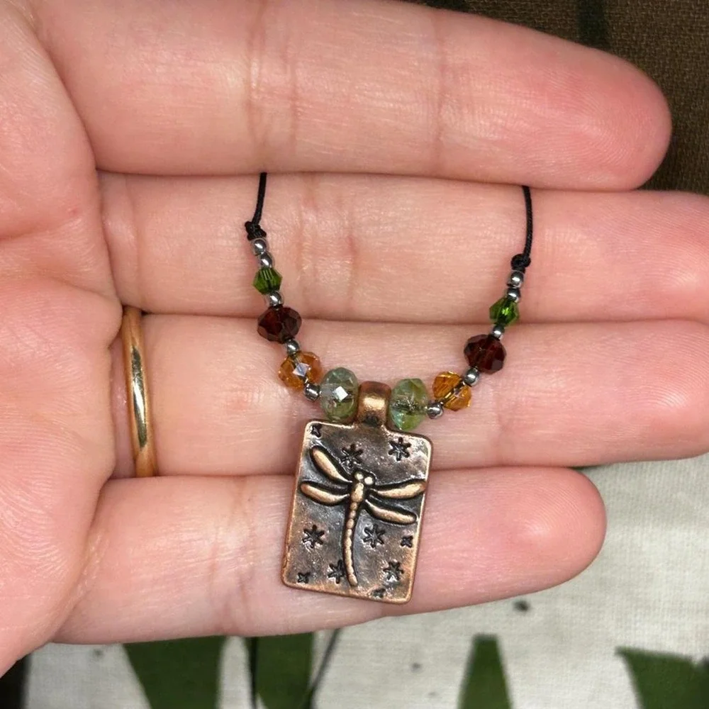 Earthy dragonfly czech glass stainless steel adjustable necklace boho cottage